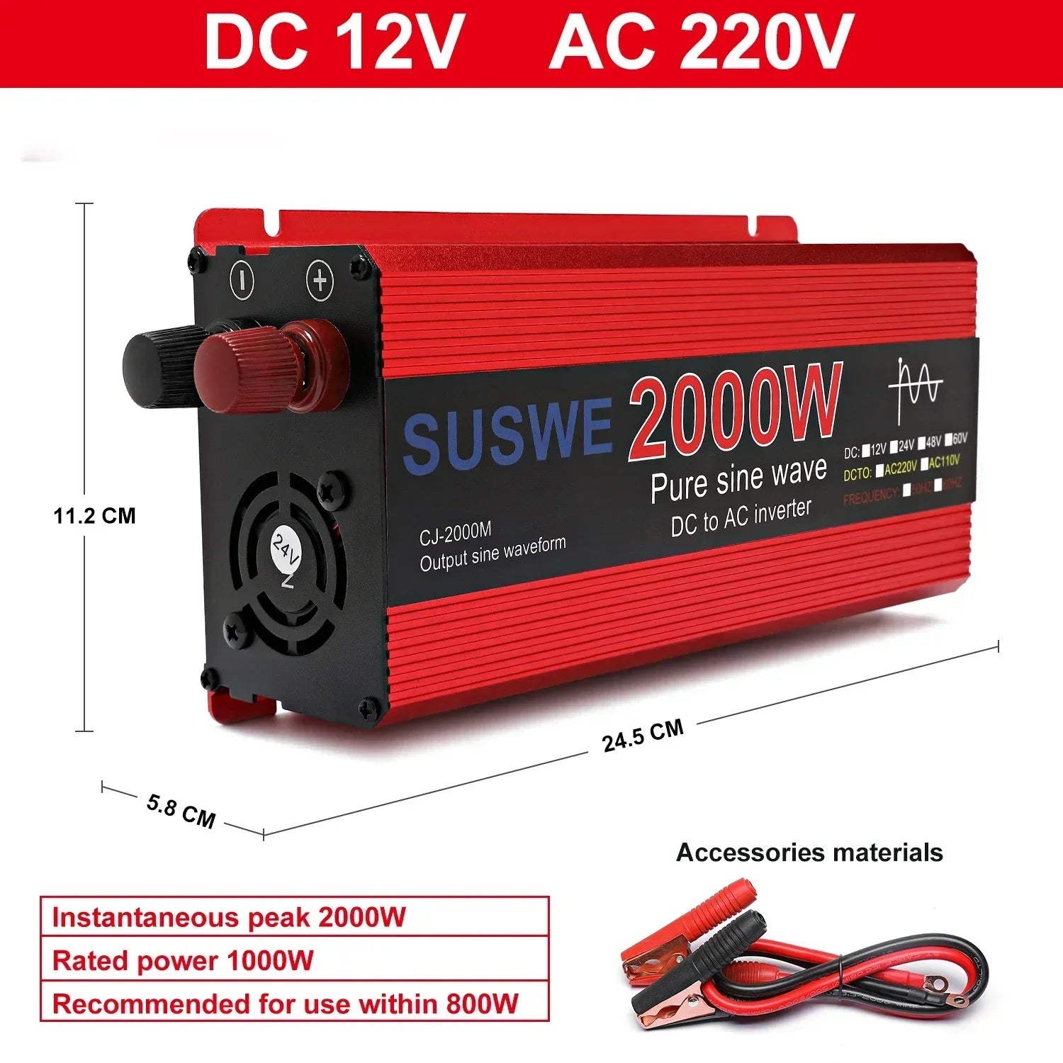 Red 2000W DC to AC pure sine wave power inverter with cooling fan and included battery connector cables.