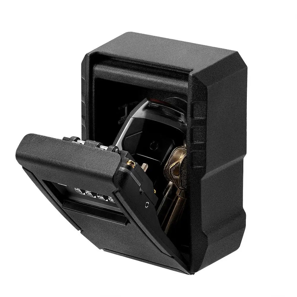 Black plastic wall-mounted key lock box with a combination dial, shown open containing a car key fob and house keys.