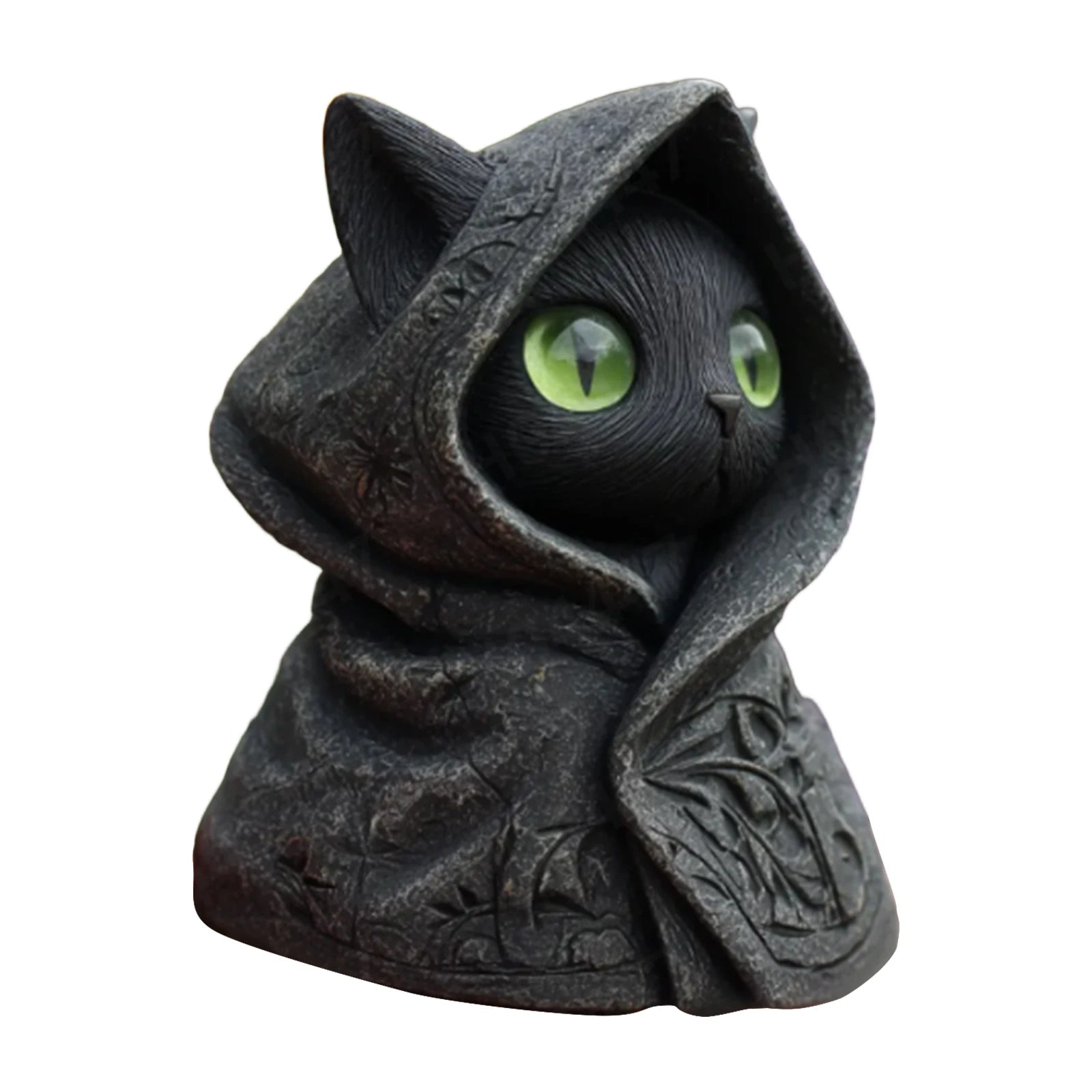 A mystical black cat ornament wearing a textured, hooded cloak with detailed carvings and striking bright green eyes.