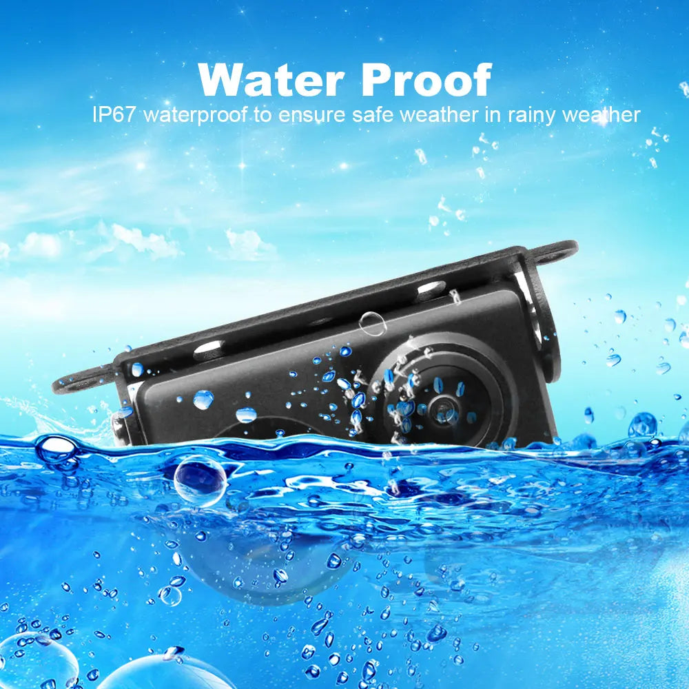 Black 2-in-1 car reversing camera and sensor system, partially submerged in water to highlight its IP67 waterproof design.