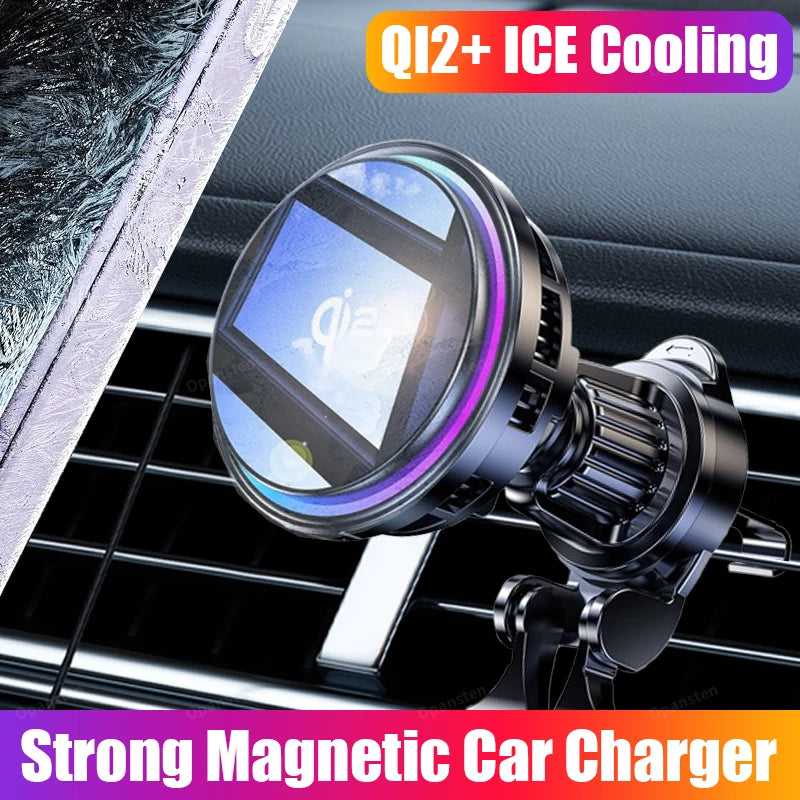 Magnetic wireless car charger with built-in cooling fan, round black design, and ambient ring lighting.