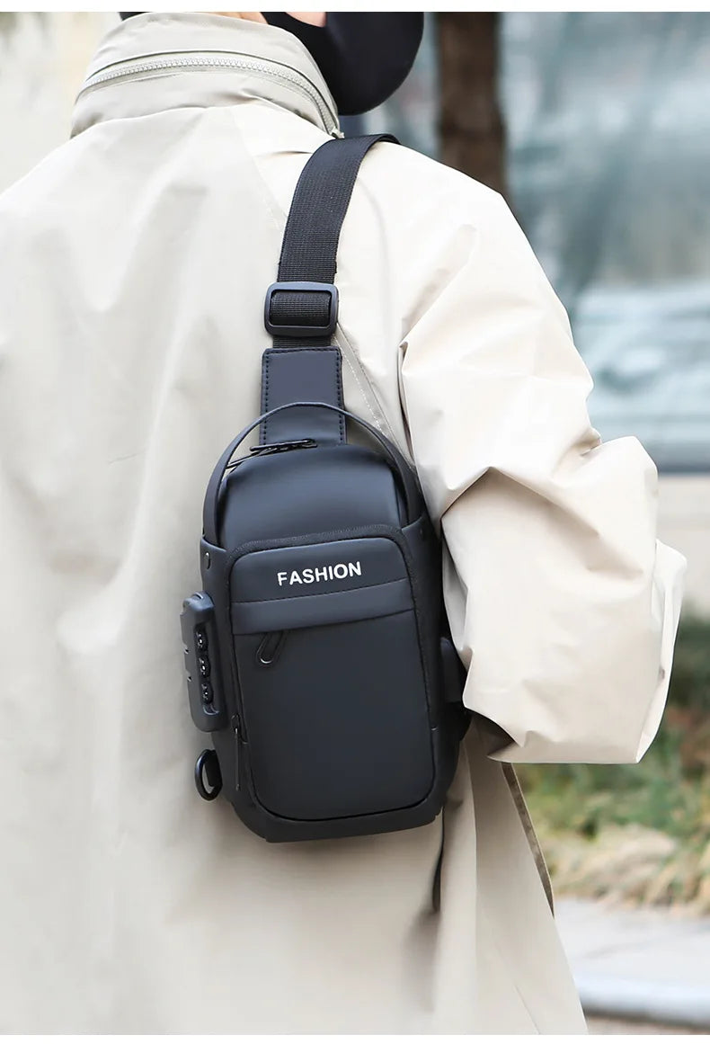 Black anti-theft crossbody sling bag with a secure zip, external USB port, and adjustable strap worn over the shoulder.