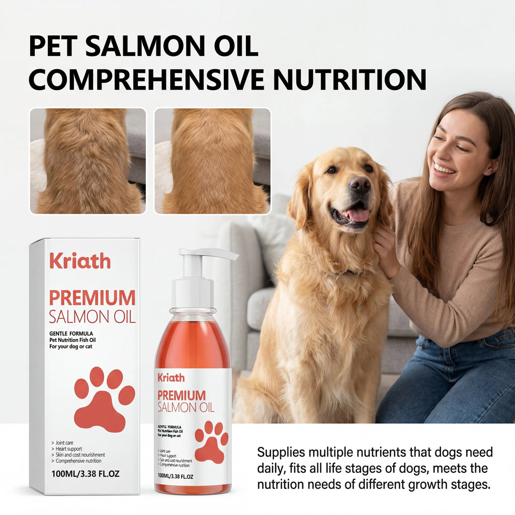 100ml pump bottle of orange pet salmon oil for dogs and cats, shown with a healthy golden retriever.