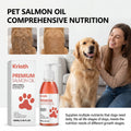 100ml pump bottle of orange pet salmon oil for dogs and cats, shown with a healthy golden retriever.