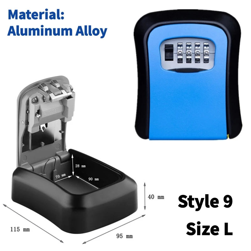 Aluminum alloy key lock box, size L, featuring a blue and black exterior with a 4-digit combination dial.