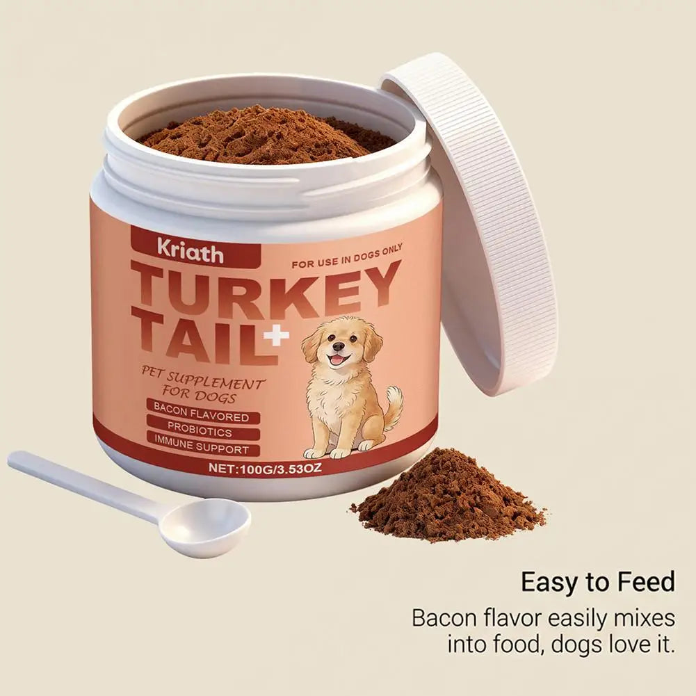 Tub of bacon-flavoured turkey tail dog supplement powder with a mixing spoon, for immune support and probiotics.