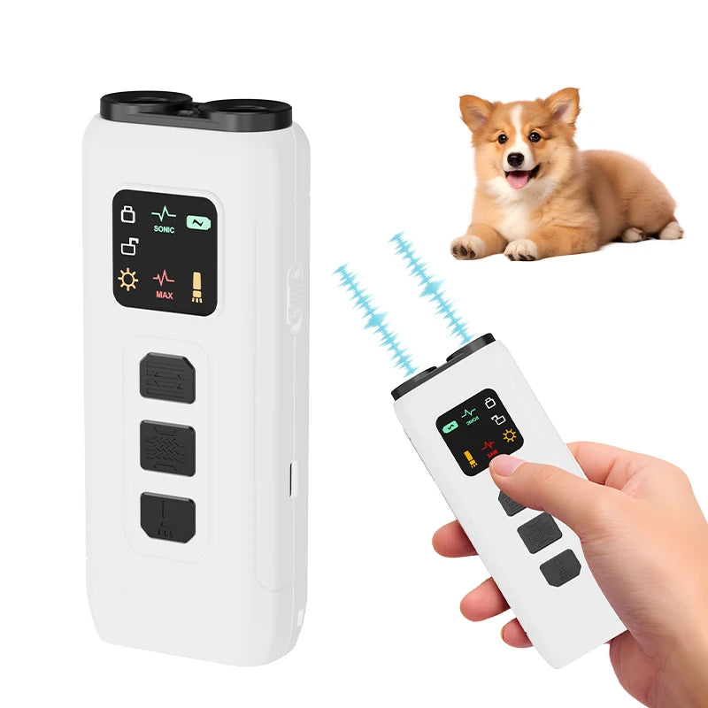 White, handheld rechargeable dog training device with LED strobe, sonic pulse settings, and digital display icons.