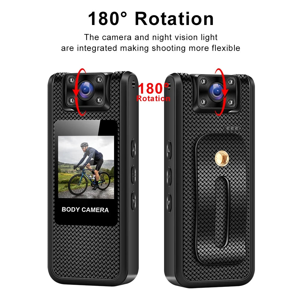 Black body camera with a textured carbon-fiber finish, featuring a 180-degree rotating lens and a rear belt clip.