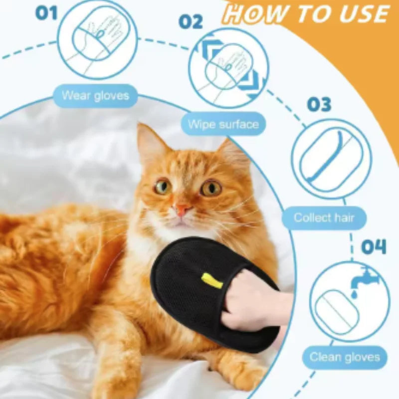 Hand brushing ginger cat with a black pet hair removal mitt, featuring a four-step 'how to use' instructional diagram.