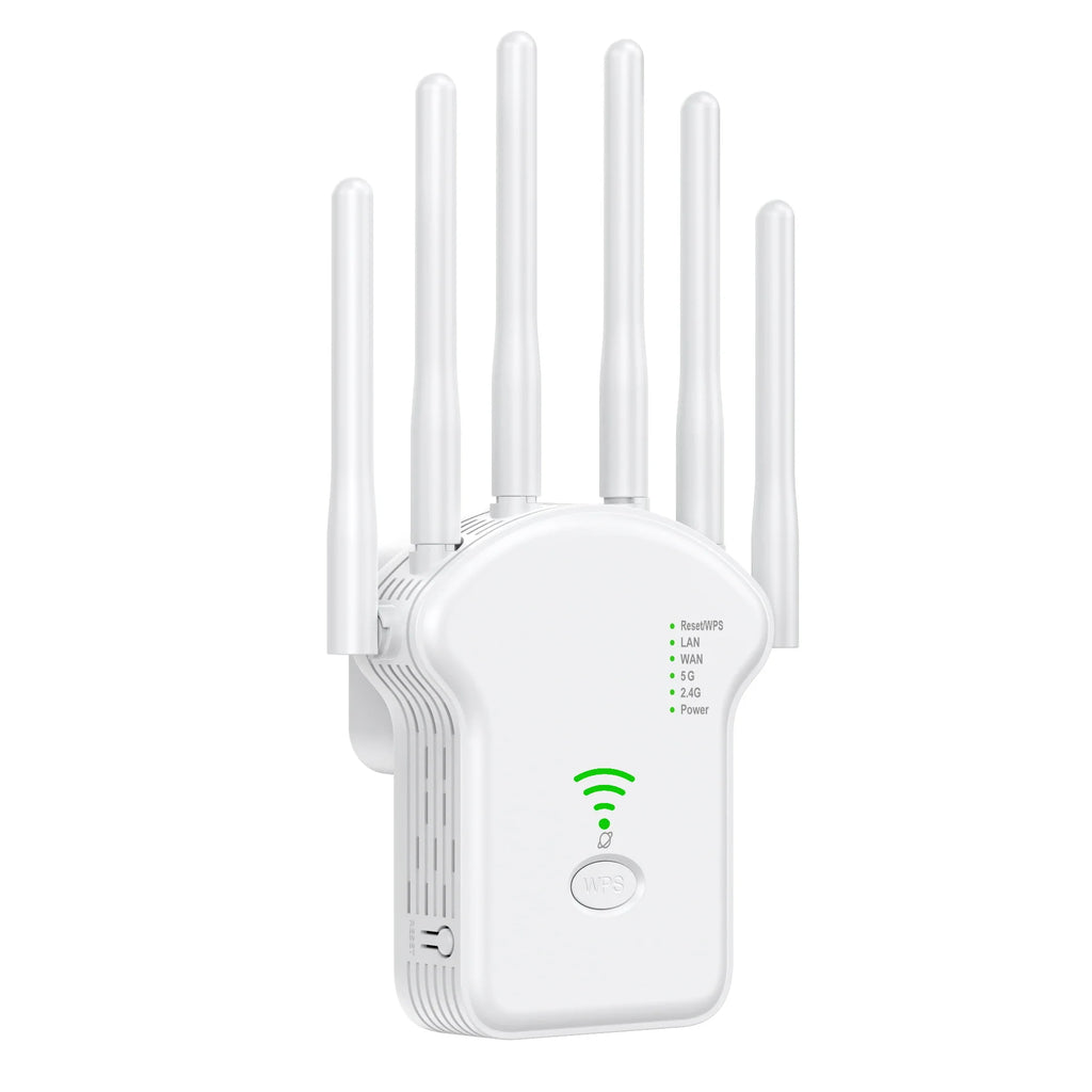 White 1200Mbps WiFi range extender with five external antennas, status indicator lights, and a front WPS button.
