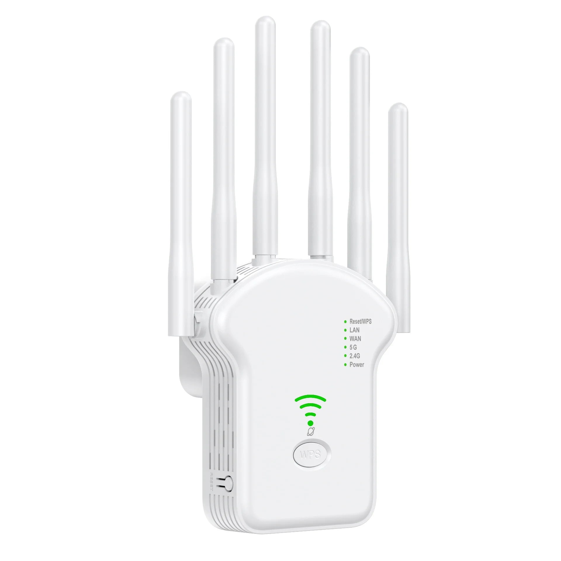 White 1200Mbps WiFi range extender with five external antennas, status indicator lights, and a front WPS button.
