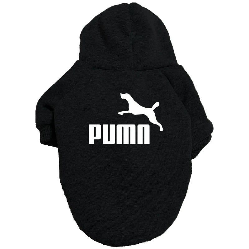 A black casual dog hoodie with a hood and a white leaping dog graphic on the back.