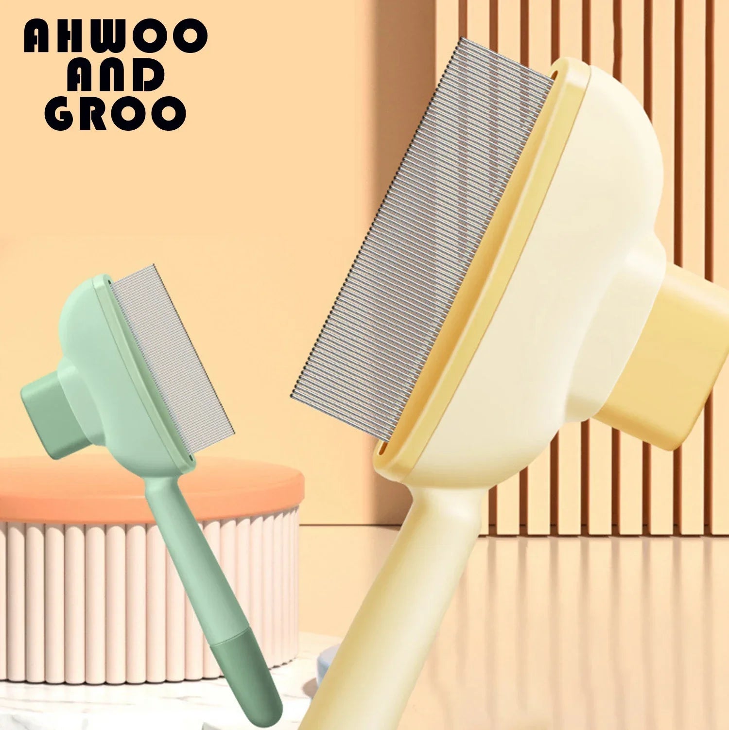 Two pet grooming combs with fine metal teeth, one in sage green and one in cream, on a peach-coloured background.