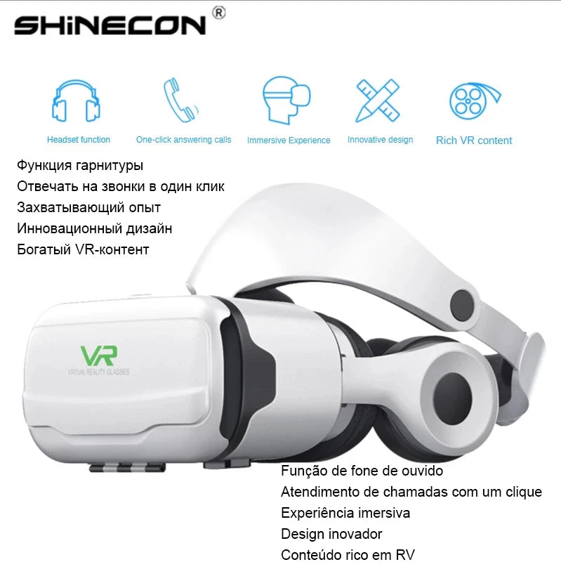 White and black Shinecon VR headset with adjustable head strap, built-in headphones, and green VR logo.