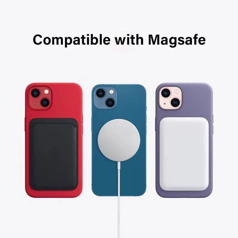 Three smartphone cases in red, blue, and purple, featuring magnetic card holders and a wireless charging attachment.
