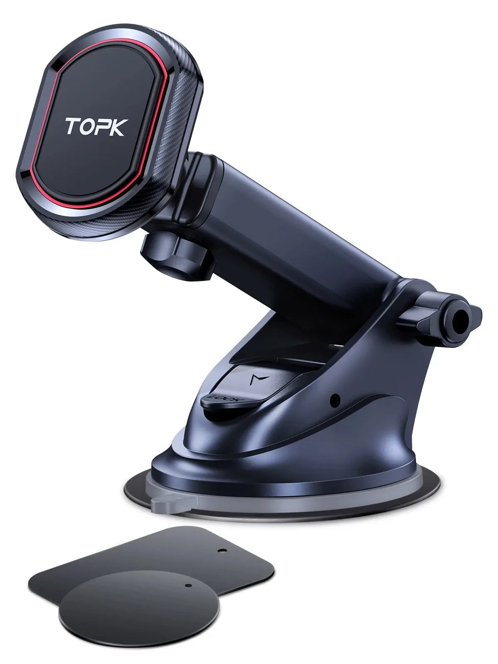 Black magnetic car phone mount with adjustable suction base and two metal attachment plates on a white background.