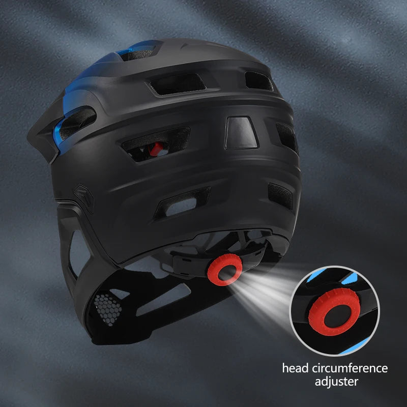 Black full-face bike helmet with multiple vents and a red rear head circumference adjuster.