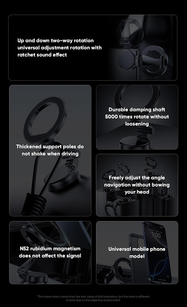 Black magnetic car phone mount with a durable, adjustable dual-hinge design for secure, hands-free navigation.
