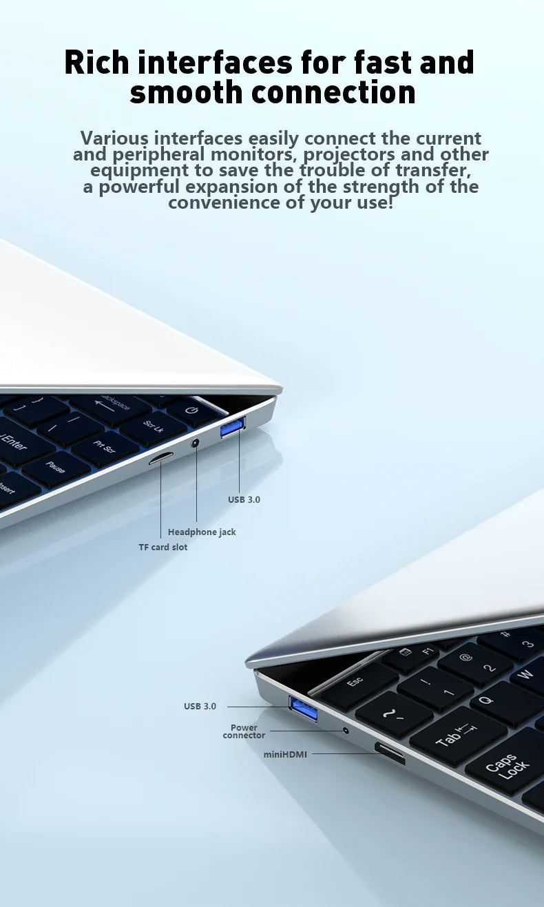 Silver ultra-slim laptop showing side ports including USB 3.0, HDMI, headphone jack, and TF card slot.