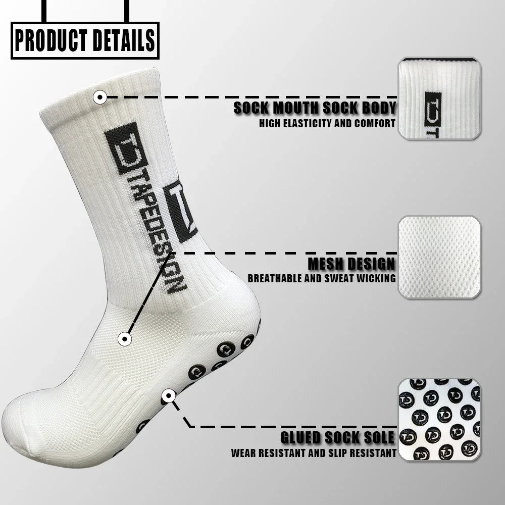 White sports socks featuring a breathable mesh, high-elasticity cuff, and slip-resistant grips on the sole.