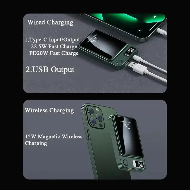 Dark green magnetic power bank with digital display, shown charging a phone via USB cables and wireless connection.