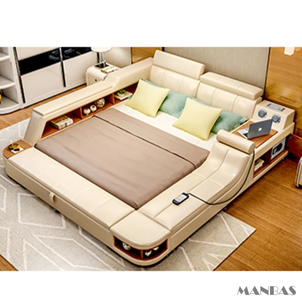 Cream luxury smart leather bed frame with integrated side storage, shelves, built-in speakers, and LED lighting.