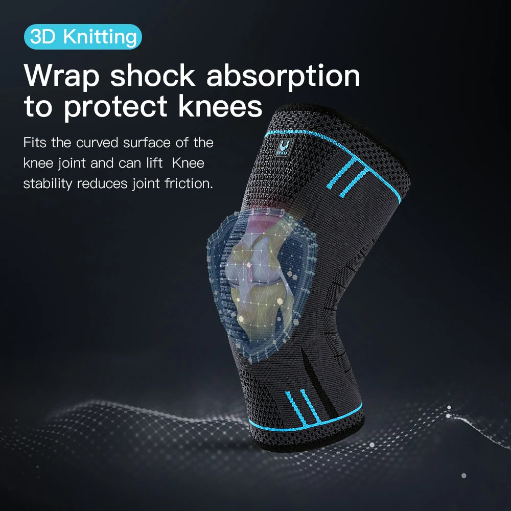 Grey 3D knit knee compression sleeve with blue trim and a holographic graphic of a human knee joint.