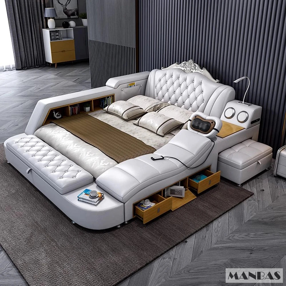 White faux leather multifunctional bed with massage chair, built-in storage, shelving, speakers and reading light.
