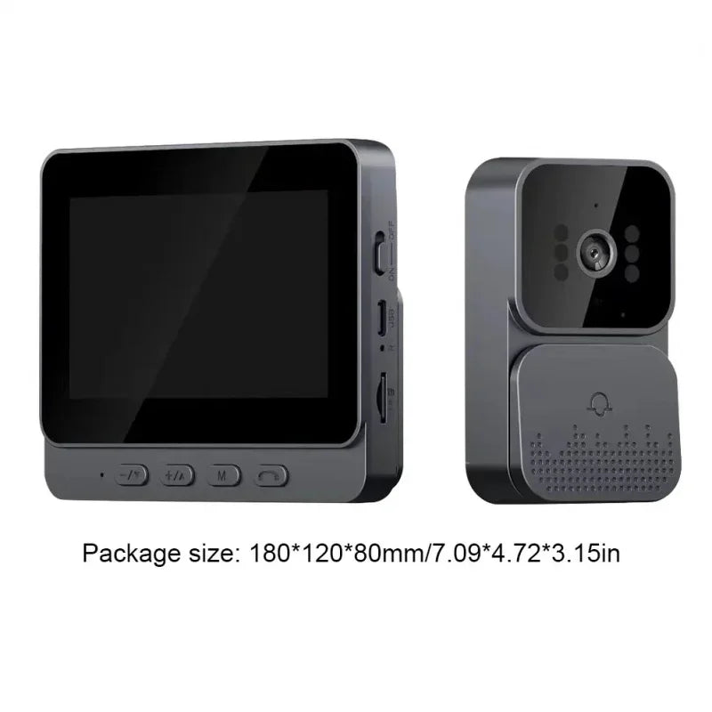 Dark grey smart video doorbell with a 4.3-inch display unit and matching camera unit with a bell button.