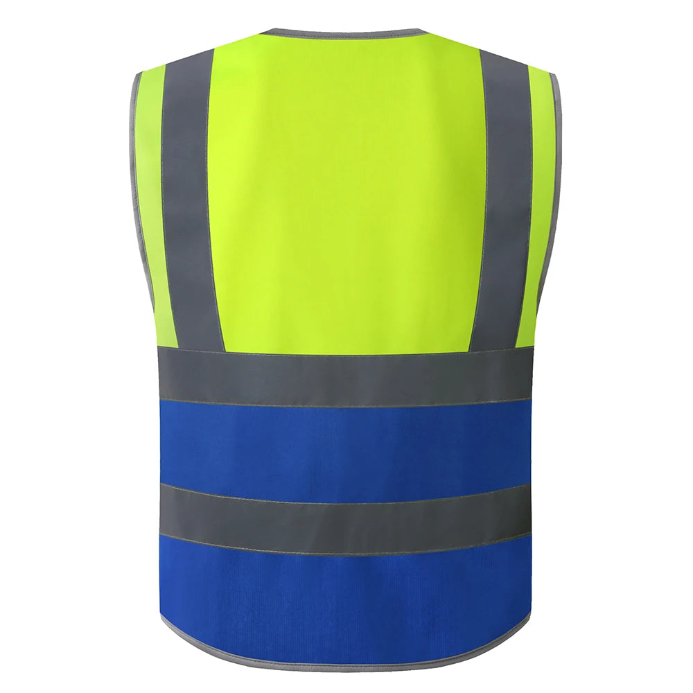 Back view of a yellow and blue high-visibility work vest featuring reflective silver strips for added safety.