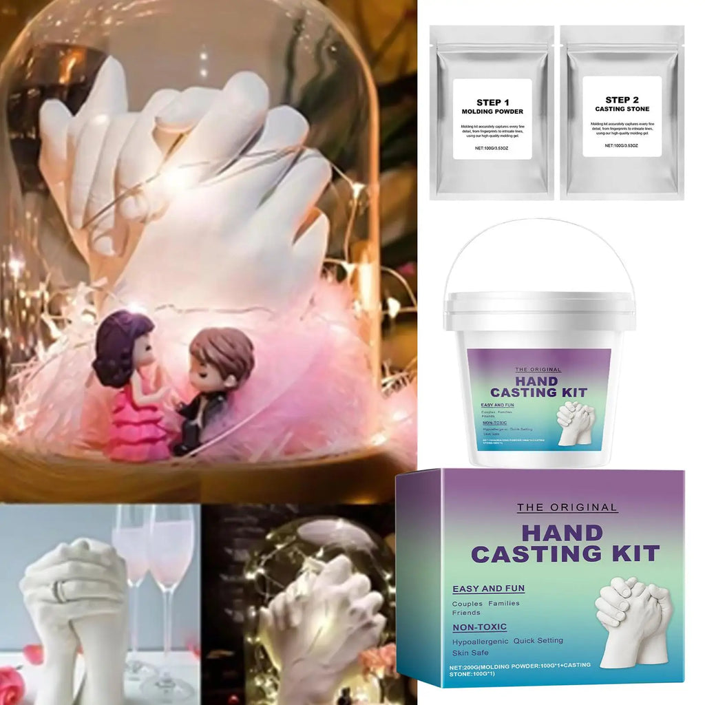 Hand casting kit featuring moulding powder, casting stone, and display materials to create a white keepsake hand sculpture.