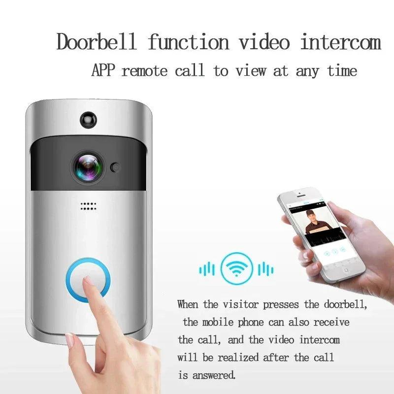 Sleek silver wireless smart video doorbell with camera, illuminated button, and mobile phone app connectivity.