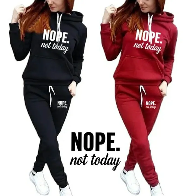 Women’s two-piece black or red loungewear set featuring a hooded sweatshirt and joggers with "NOPE. not today" slogan.