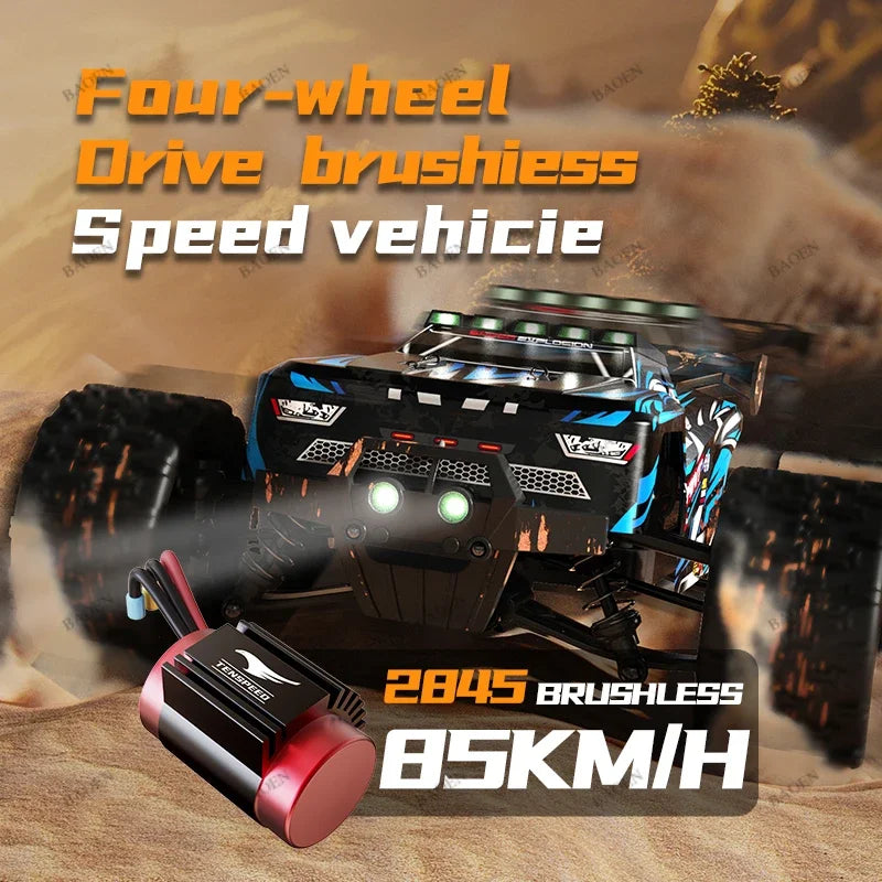 Black and blue RC monster truck with large off-road tires, bright headlights, and a separate brushless motor.