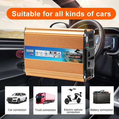 Gold 500W car power inverter with USB port and plug socket, shown with icons for car, truck, bike and battery use.