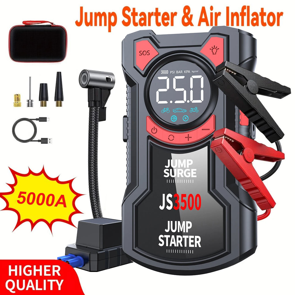Black and red car jump starter and air compressor with digital display, jump cables, and nozzle attachments.