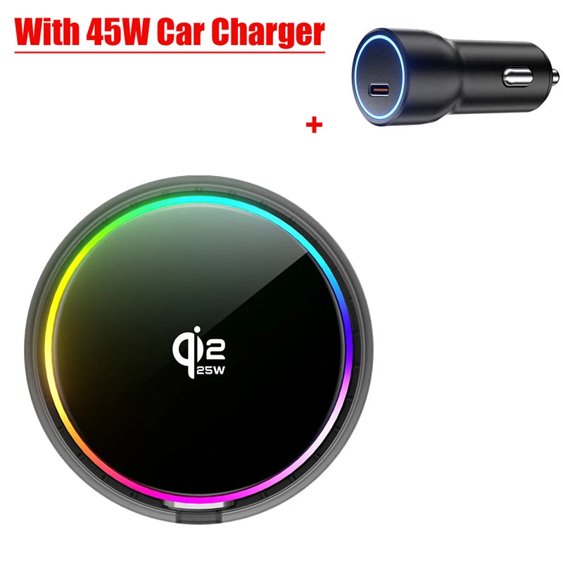 Wireless charging pad with RGB light ring and a compact black 45W car charger with blue LED accent.