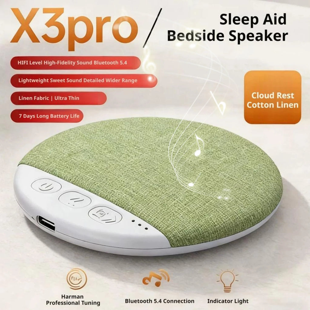 Ultra-thin, round green linen Bluetooth under-pillow speaker with white control panel and USB charging port.