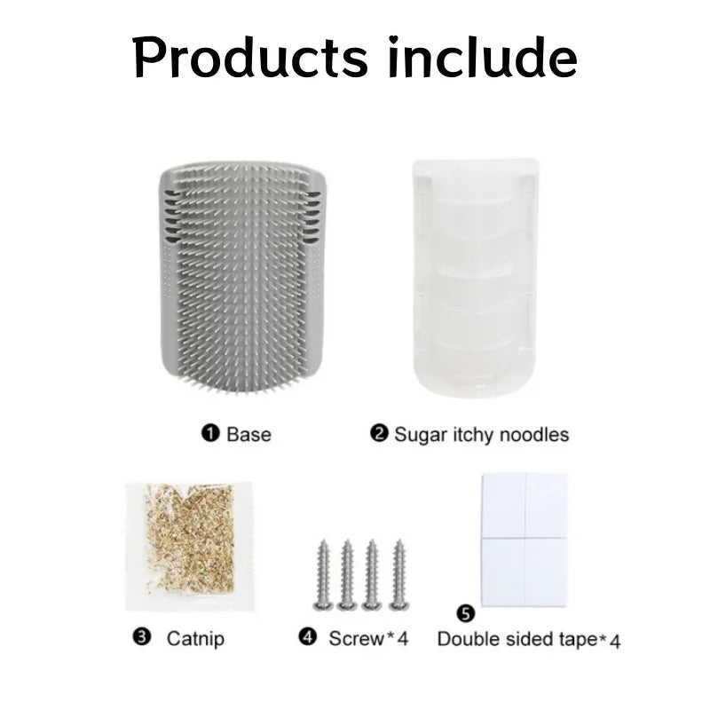 Cat self-groomer kit including a grey brush, wall mount, catnip, four screws, and four adhesive pads.