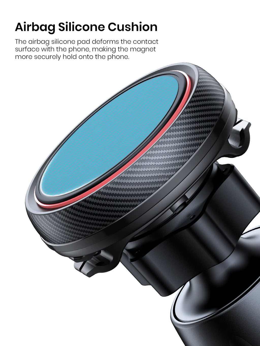 Black magnetic phone car mount with a blue silicone cushion and carbon fiber texture design.