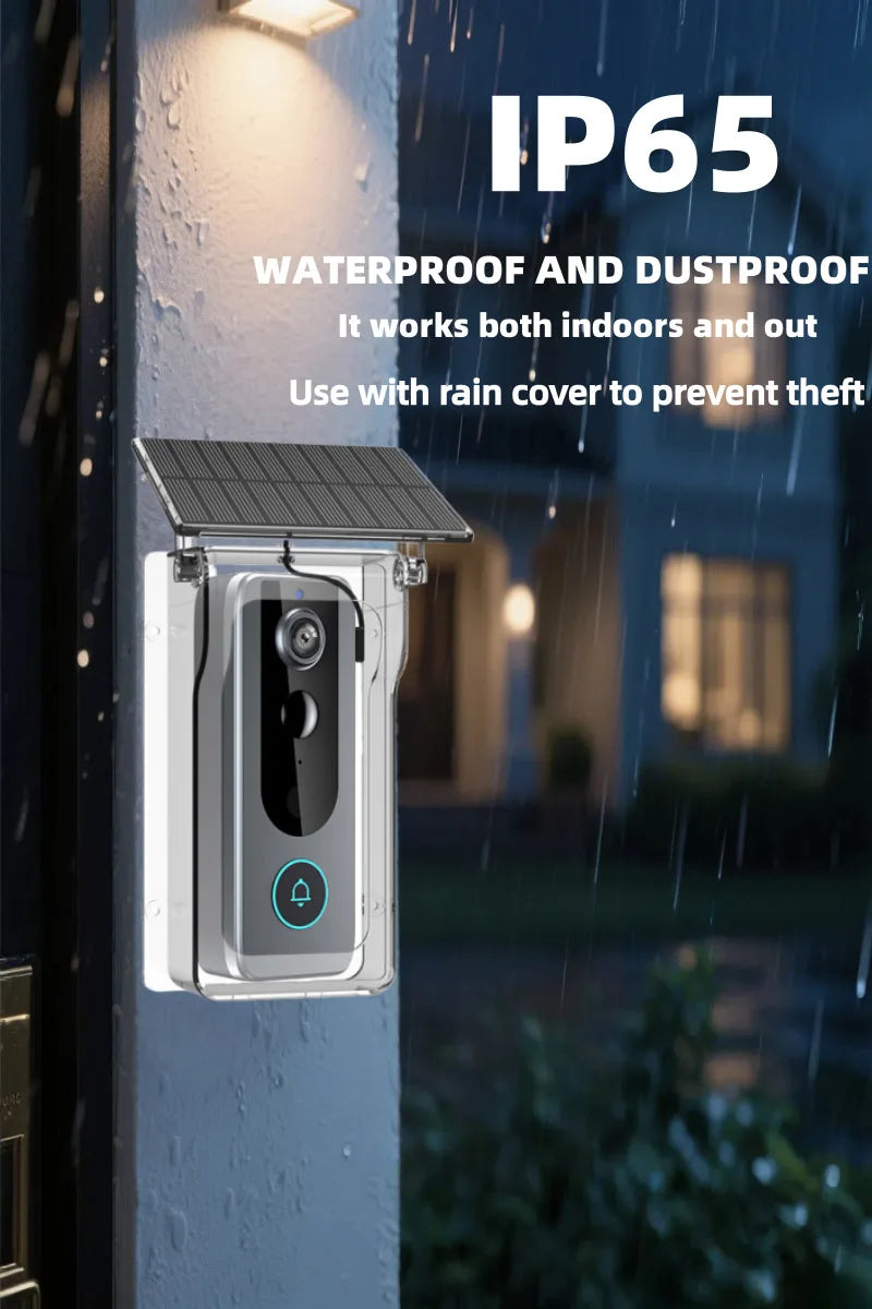 A sleek, grey wireless video doorbell mounted with a clear rain cover and integrated solar panel charger.
