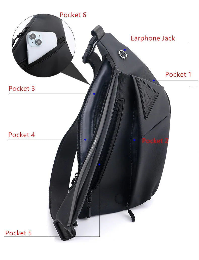 Black anti-theft crossbody sling bag with multiple zip pockets and an integrated earphone jack.