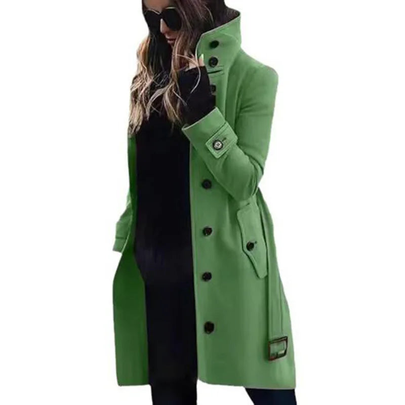 Women’s bright green button-front wool-look trench coat with a high collar and side pockets.