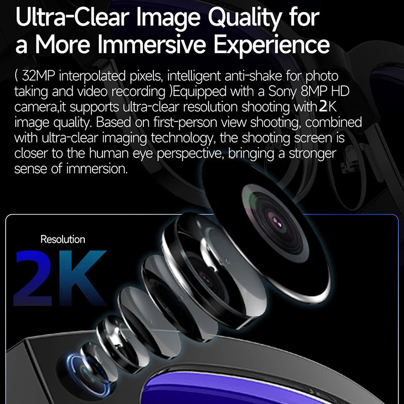 Sleek black smart recording glasses featuring a 2K HD camera lens, designed for high-quality first-person perspective.