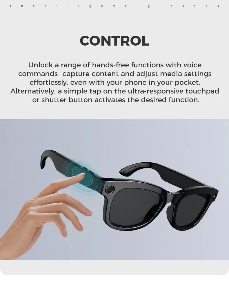 Glossy black smart glasses with an integrated HD camera, featuring a touch-control arm operated by a finger.