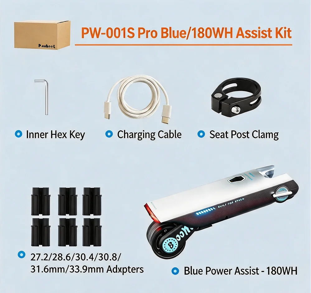 Blue/black electric bicycle booster kit with motor, battery, charging cable, hex key, seat clamp, and adapters.