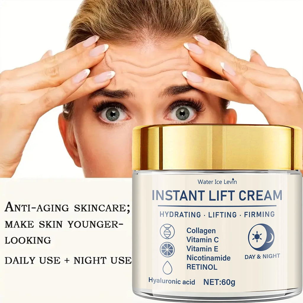 Anti-aging facial cream jar with gold lid, featuring hydrating and firming ingredients for day and night use.