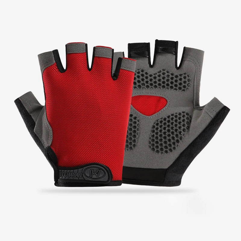 Fingerless red and grey sports gloves with padded, non-slip grip palms and mesh fabric back.