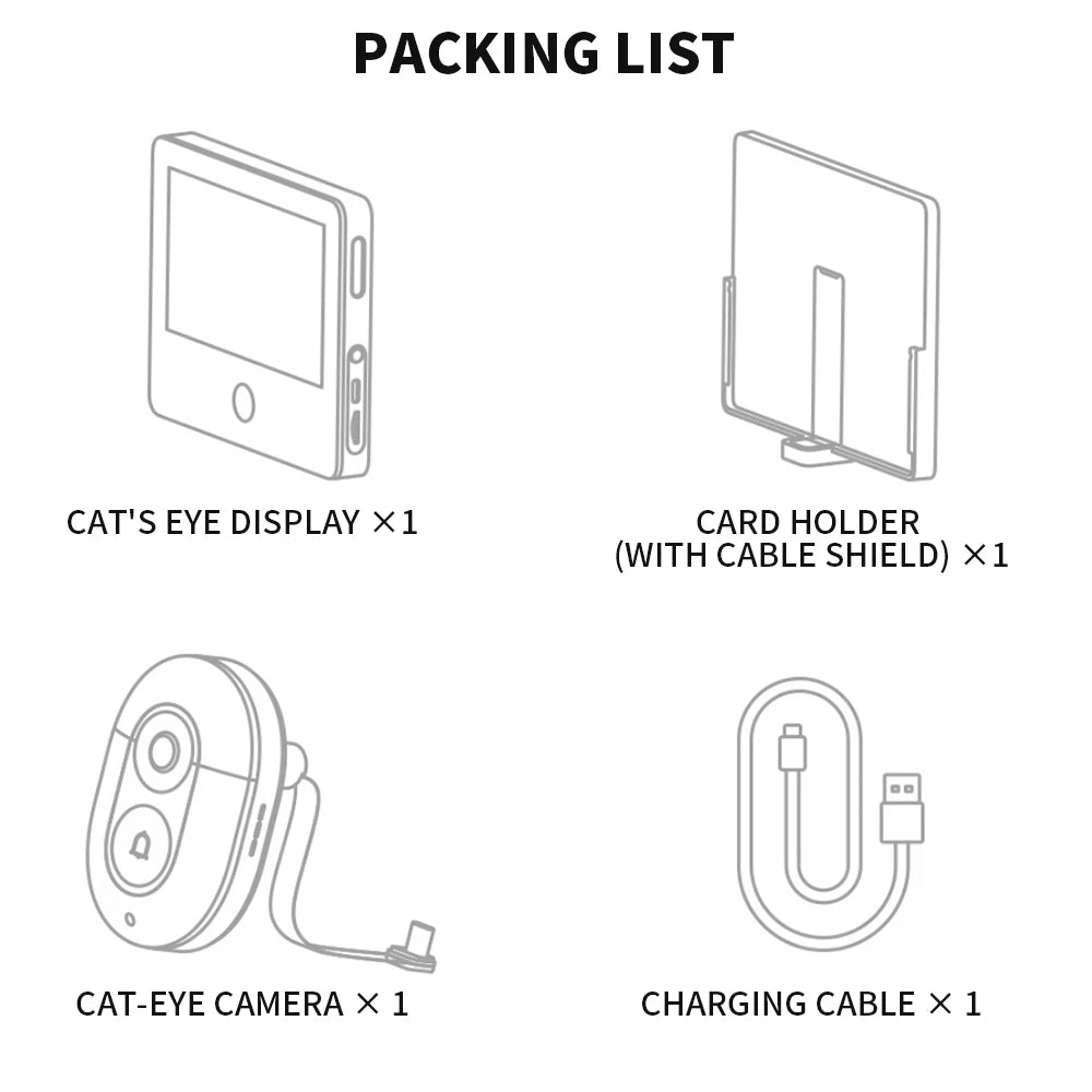 Line drawing of a smart doorbell packing list: 5-inch display, camera unit, mounting bracket, and charging cable.