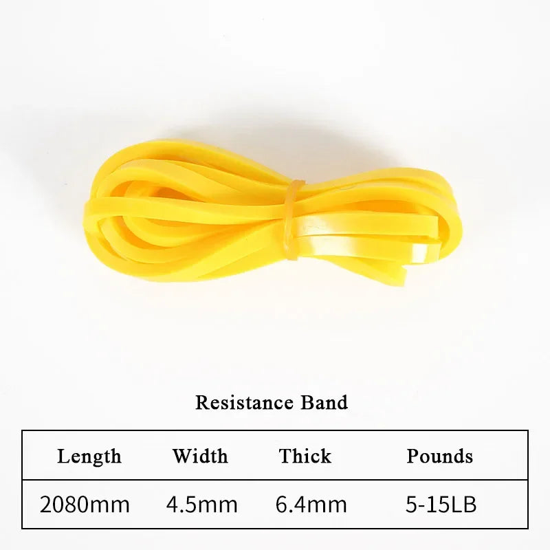 Bright yellow rubber resistance band coiled against a white background with a product specification chart below.